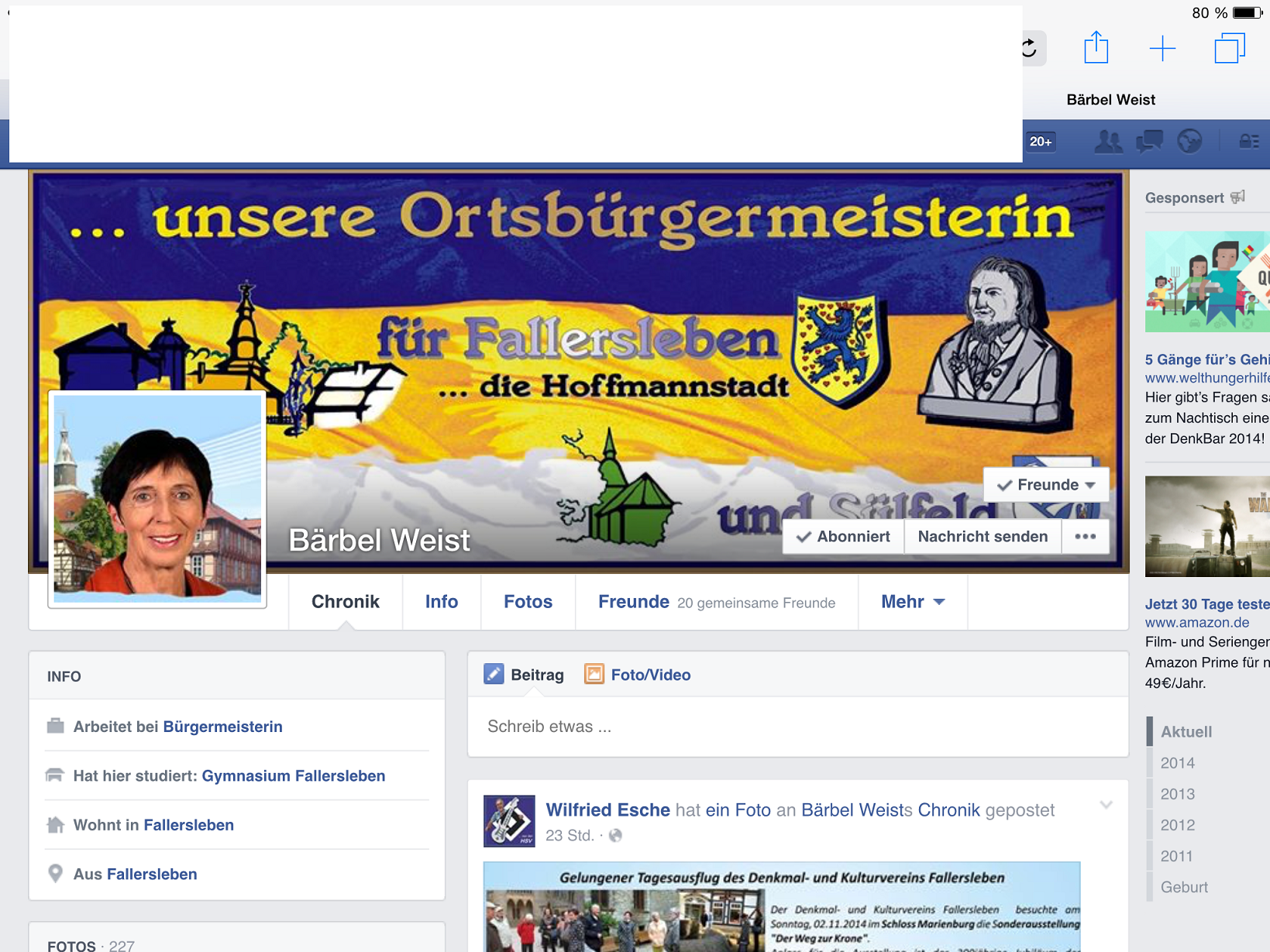 Bürgermeisterin Bärbel Weist auf ihrer Facebook-Seitee